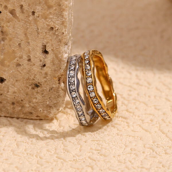 Stainless Steel 18K Gold Plating Irregular Wave Pattern Full Diamond Ring