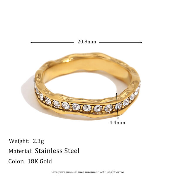 Stainless Steel 18K Gold Plating Irregular Wave Pattern Full Diamond Ring - Image 6