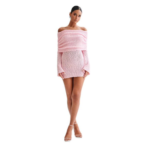 Women's Spring Summer Knitted Dress Elegant Party Boat Neck Dress Infant Off Shoulder Bodycon Long Sleeve Fuzzy Short Club Chic Mini Dress - Image 4