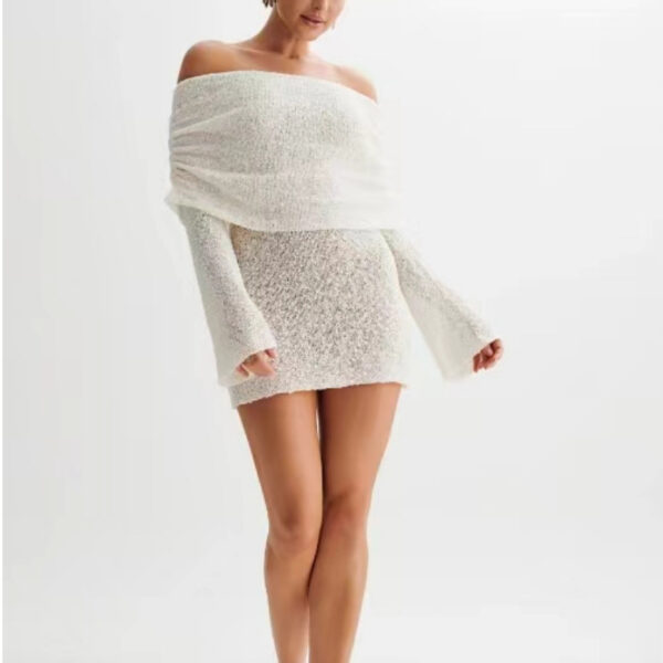 Women's Spring Summer Knitted Dress Elegant Party Boat Neck Dress Infant Off Shoulder Bodycon Long Sleeve Fuzzy Short Club Chic Mini Dress - Image 3