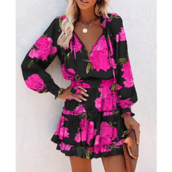 Flowers Print Long Sleeve Dress Fashion Patchwork Puff Sleeve Waist Dresses Womens Clothing - Image 3