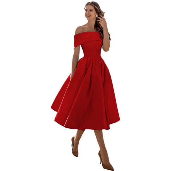 Women's Fashion Casual Strapless Satin Party Dress Off The Shoulder Tea Length Satin Prom Dresses With Pockts Formal Evening Party Dress - Image 2