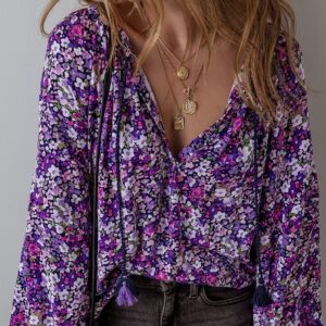 European And American Fashion Flower Printed V-neck Pullover Chiffon Shirt Women