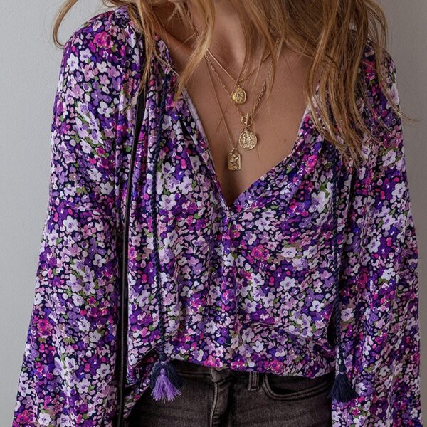 European And American Fashion Flower Printed V-neck Pullover Chiffon Shirt Women