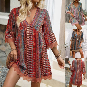 Bohemian Style V-neck Printed Dress Fashion Casual Loose Beach Dresses For Women