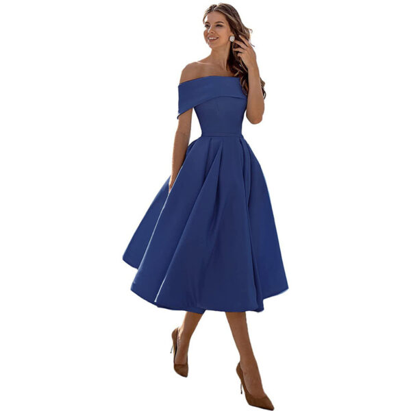 Women's Fashion Casual Strapless Satin Party Dress Off The Shoulder Tea Length Satin Prom Dresses With Pockts Formal Evening Party Dress - Image 8