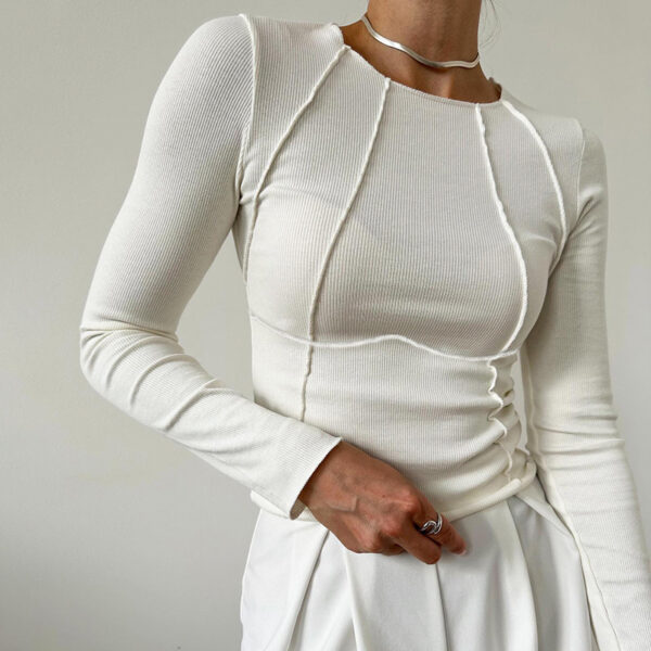 Slim Long Sleeve T-shirt Fashion Solid Color Split Thread Knitted Top Womens Clothing - Image 4