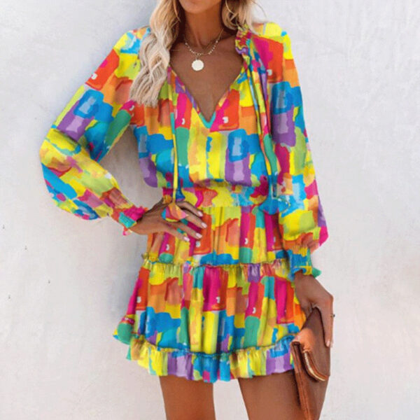 Flowers Print Long Sleeve Dress Fashion Patchwork Puff Sleeve Waist Dresses Womens Clothing - Image 4