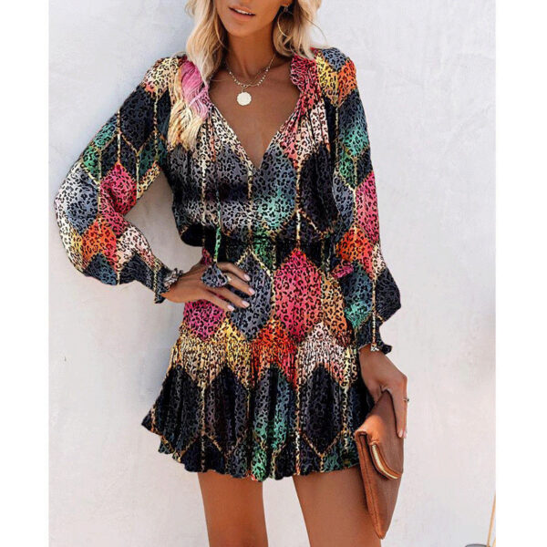 Flowers Print Long Sleeve Dress Fashion Patchwork Puff Sleeve Waist Dresses Womens Clothing - Image 2