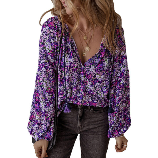 European And American Fashion Flower Printed V-neck Pullover Chiffon Shirt Women - Image 6
