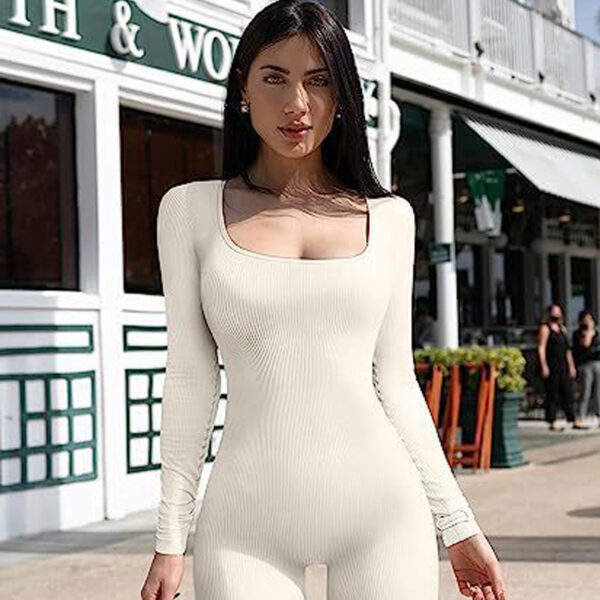 Women's Yoga Sports Fitness Jumpsuit Workout Long Sleeve Square Collar Clothing - Image 10