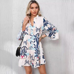 Bell Sleeve Casual Loose Printed Shirt Dress