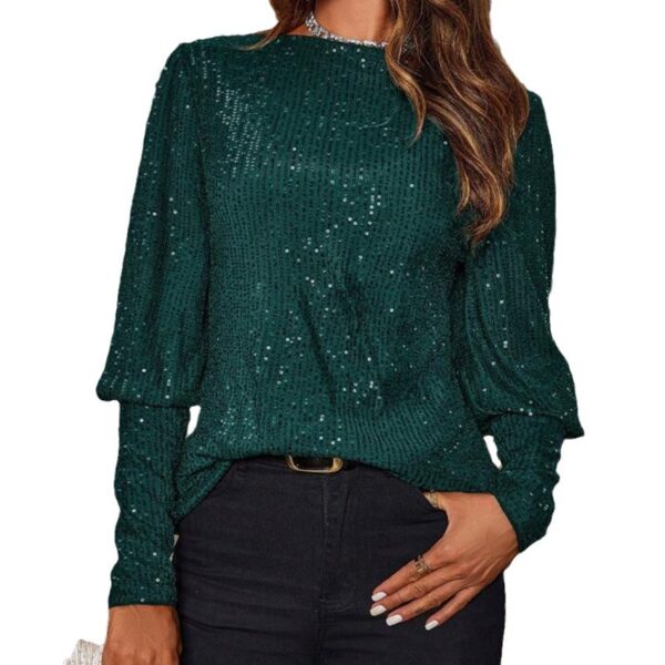 Loose Long Sleeve Sequined Round-neck Shirt Top - Image 8