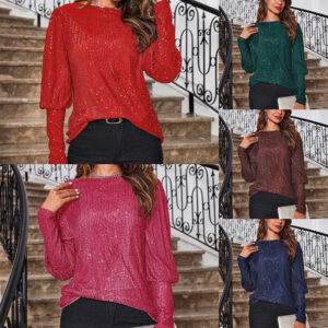Loose Long Sleeve Sequined Round-neck Shirt Top