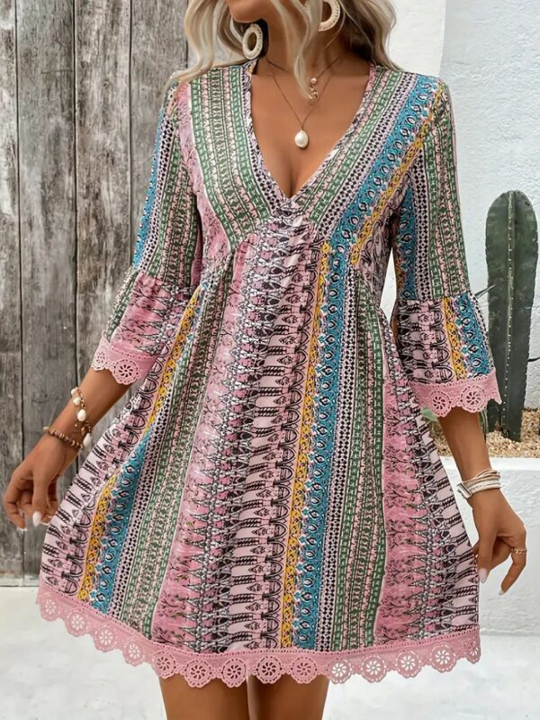 Bohemian Style V-neck Printed Dress Fashion Casual Loose Beach Dresses For Women - Image 9