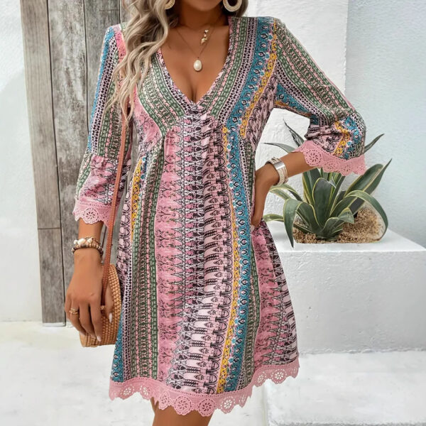 Bohemian Style V-neck Printed Dress Fashion Casual Loose Beach Dresses For Women - Image 6