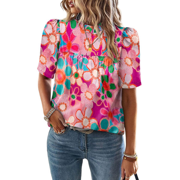 European And American Leisure Floral Print Puff Sleeve Top - Image 3