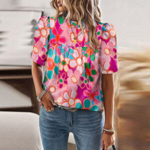 European And American Leisure Floral Print Puff Sleeve Top
