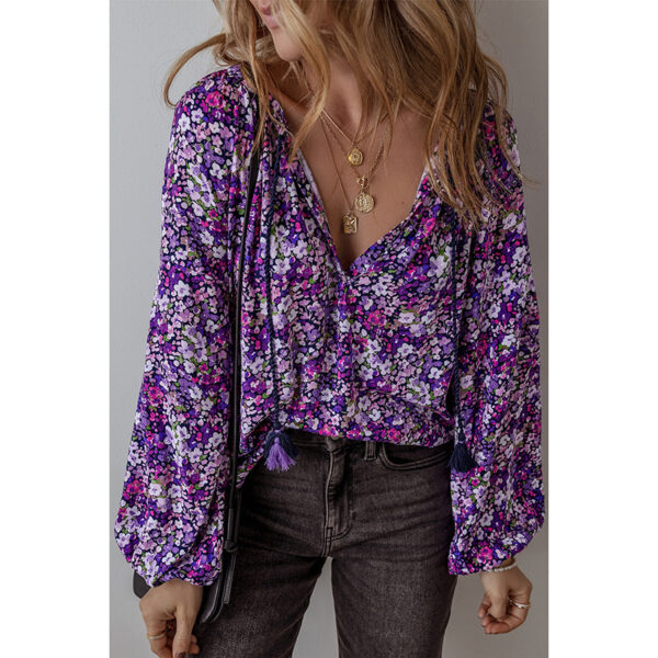 European And American Fashion Flower Printed V-neck Pullover Chiffon Shirt Women - Image 2