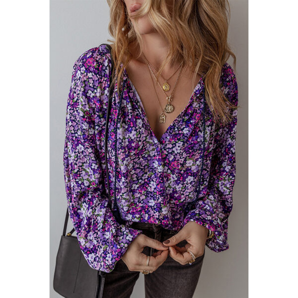 European And American Fashion Flower Printed V-neck Pullover Chiffon Shirt Women - Image 3