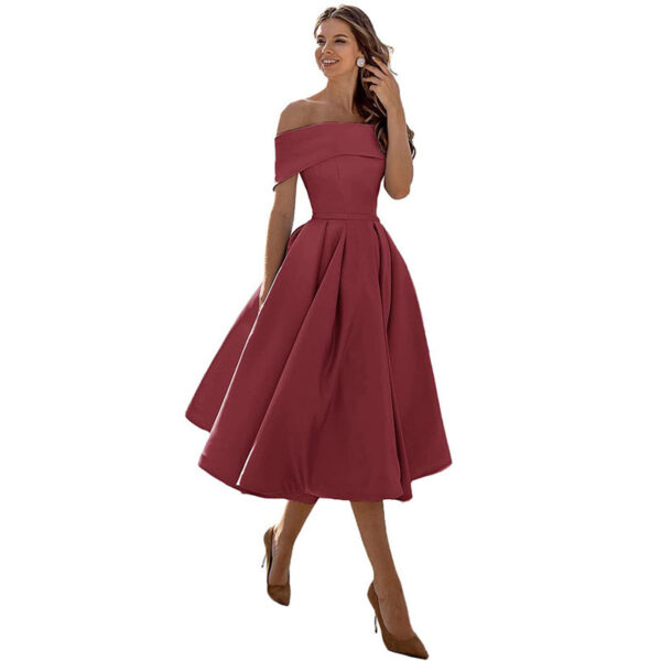 Women's Fashion Casual Strapless Satin Party Dress Off The Shoulder Tea Length Satin Prom Dresses With Pockts Formal Evening Party Dress - Image 6