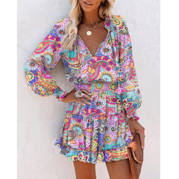 Flowers Print Long Sleeve Dress Fashion Patchwork Puff Sleeve Waist Dresses Womens Clothing - Image 9