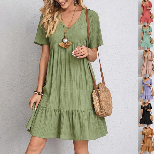 V-neck Short Sleeve Dress Summer Fashion Casual Loose Ruffled Dresses Beach Clothing Women