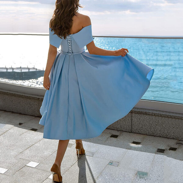 Women's Fashion Casual Strapless Satin Party Dress Off The Shoulder Tea Length Satin Prom Dresses With Pockts Formal Evening Party Dress - Image 7