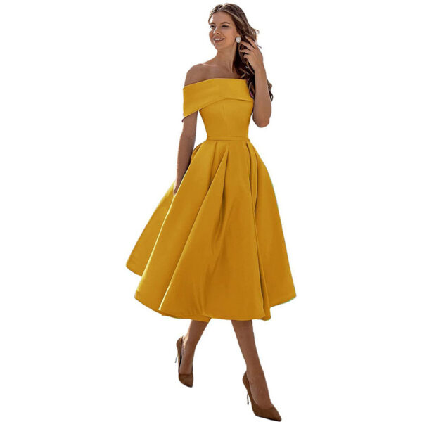 Women's Fashion Casual Strapless Satin Party Dress Off The Shoulder Tea Length Satin Prom Dresses With Pockts Formal Evening Party Dress - Image 4