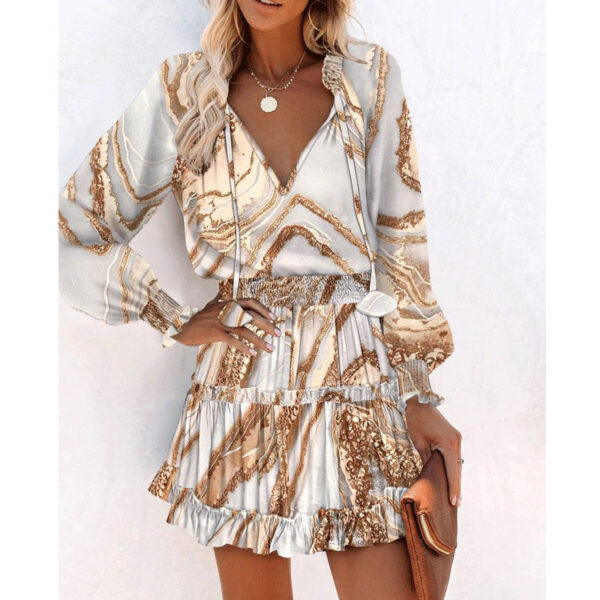 Flowers Print Long Sleeve Dress Fashion Patchwork Puff Sleeve Waist Dresses Womens Clothing - Image 6