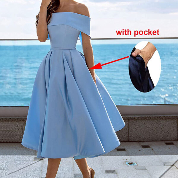 Women's Fashion Casual Strapless Satin Party Dress Off The Shoulder Tea Length Satin Prom Dresses With Pockts Formal Evening Party Dress - Image 10