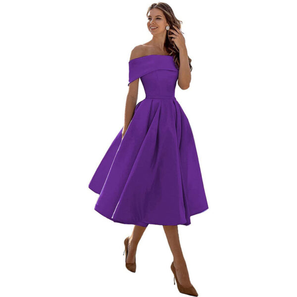 Women's Fashion Casual Strapless Satin Party Dress Off The Shoulder Tea Length Satin Prom Dresses With Pockts Formal Evening Party Dress - Image 5
