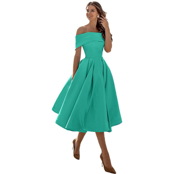 Women's Fashion Casual Strapless Satin Party Dress Off The Shoulder Tea Length Satin Prom Dresses With Pockts Formal Evening Party Dress - Image 3