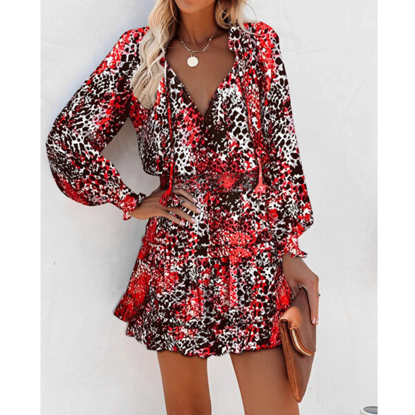 Flowers Print Long Sleeve Dress Fashion Patchwork Puff Sleeve Waist Dresses Womens Clothing - Image 5