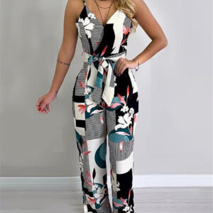 Printed jumpsuit suspenders wide-leg jumpsuit
