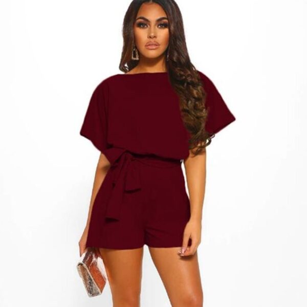 Fashion Solid Color Short-sleeved Jumpsuit with Belt - Image 2