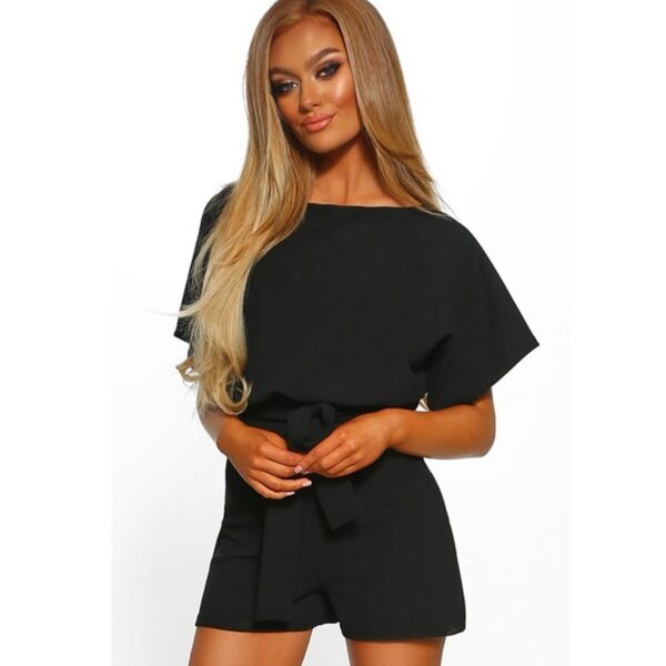 Fashion Solid Color Short-sleeved Jumpsuit with Belt - Image 3