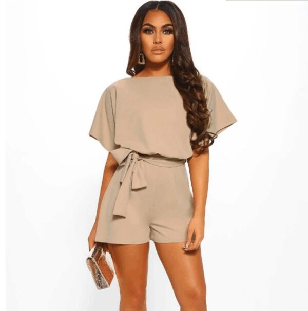 Fashion Solid Color Short-sleeved Jumpsuit with Belt - Image 5