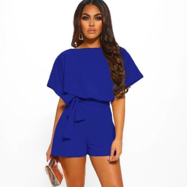 Fashion Solid Color Short-sleeved Jumpsuit with Belt - Image 4