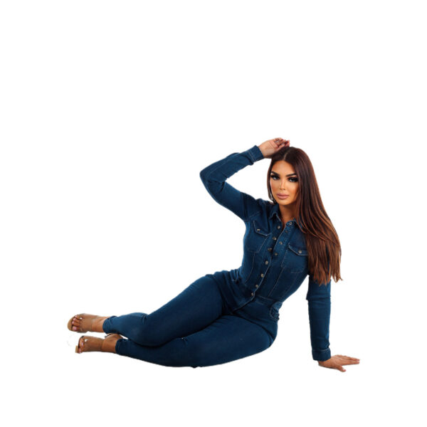 Elastic Ankle Wash Denim Jumpsuit - Image 4