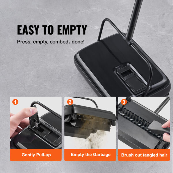 VEVOR Carpet Sweeper, 7.87 In Sweeping Paths, Floor Sweeper Manual Non Electric, 300 Ml Dustbin Capacity With Comb For Home Office Rugs Hardwood Surfaces Wood Floors Laminate, Cleans Dust Pet Hair - Image 2